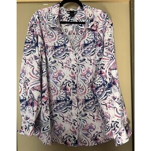 Ashley Stewart Tunic Button Down 3/4 Sleeve Print White Pink Purple Blue size 28